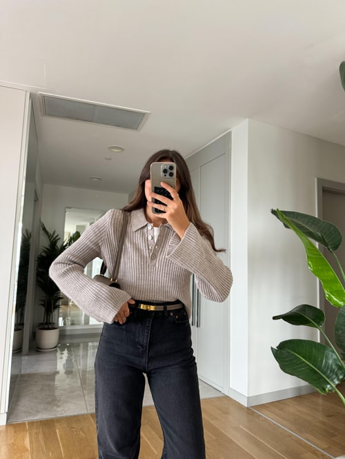 Gri Polo Yaka Düğmeli Triko