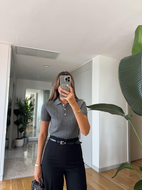 Gri Saç Örgülü Polo Yaka Triko 