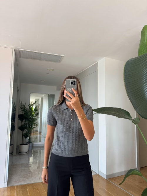 Gri Saç Örgülü Polo Yaka Triko 