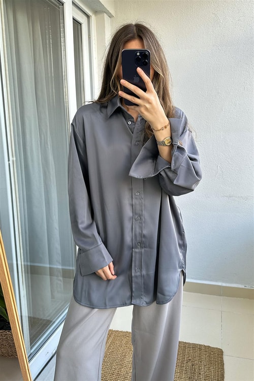 Gri Saten Oversize Gömlek