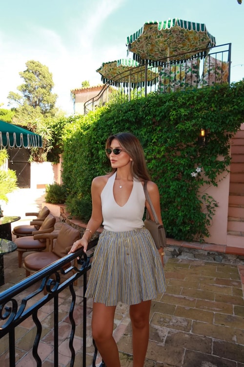 Haki Lacivert Çizgili Mini Etek 