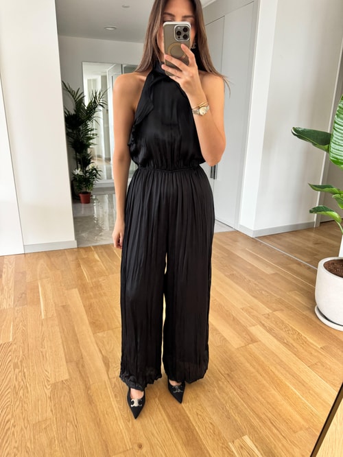Halter Yaka Buruşuk Kumaş Siyah Tulum
