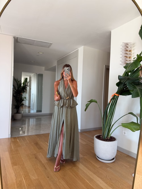 Halter Yaka Gold Broşlu Elbise - Haki