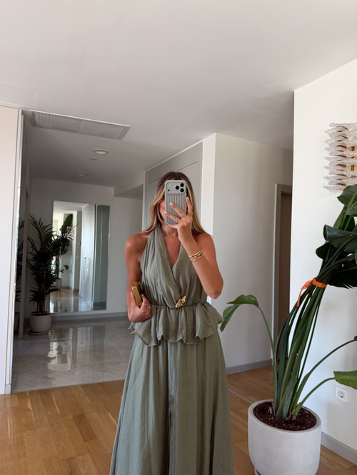 Halter Yaka Gold Broşlu Elbise - Haki