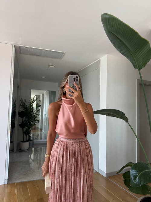 Halter Yaka Saten Bluz - Gül Kurusu