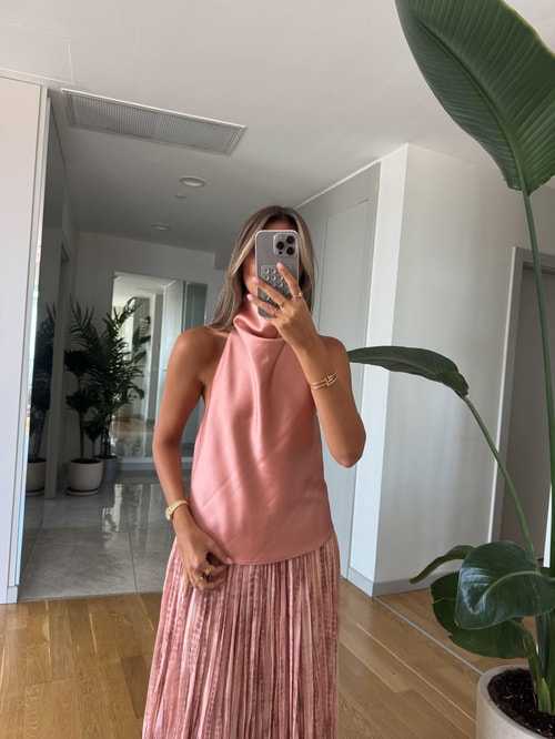Halter Yaka Saten Bluz - Gül Kurusu