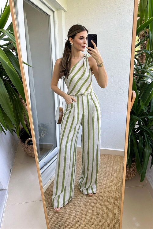 Helena Çizgili Takım-Yeşil