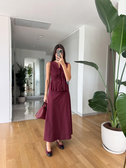 Henna Pamuk Keten Bluz Etek Takım- Bordo