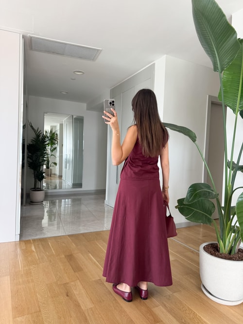 Henna Pamuk Keten Bluz Etek Takım- Bordo