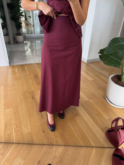 Henna Pamuk Keten Bluz Etek Takım- Bordo
