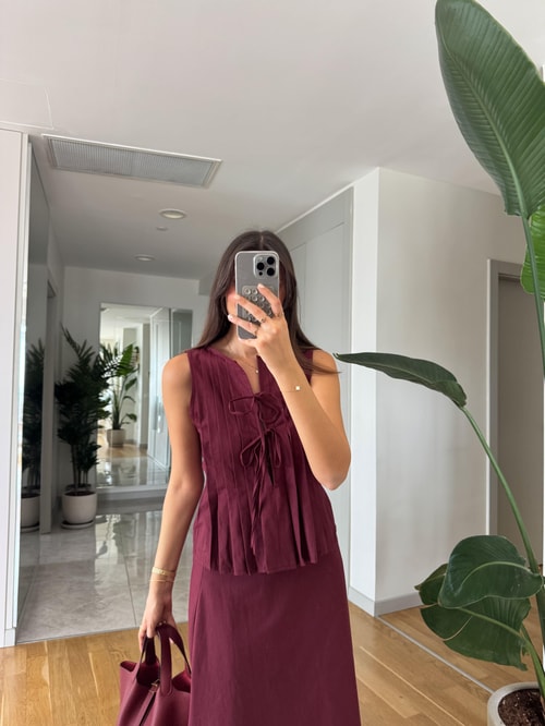Henna Pamuk Keten Bluz Etek Takım- Bordo