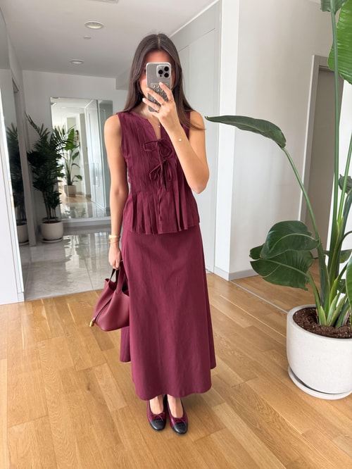 Henna Pamuk Keten Bluz Etek Takım- Bordo