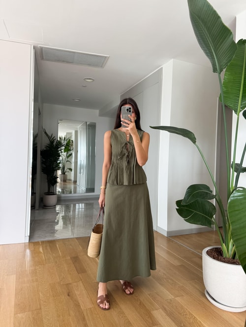 Henna Pamuk Keten Bluz Etek Takım- Haki