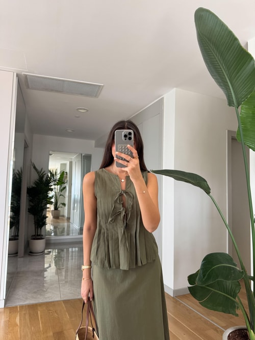 Henna Pamuk Keten Bluz Etek Takım- Haki