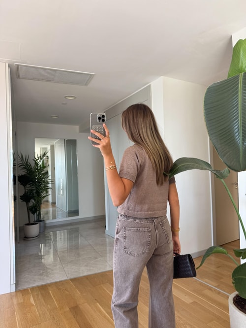 Henry kısa Kollu Düğmeli Triko -Vizon