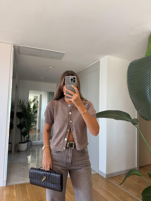 Henry kısa Kollu Düğmeli Triko -Vizon