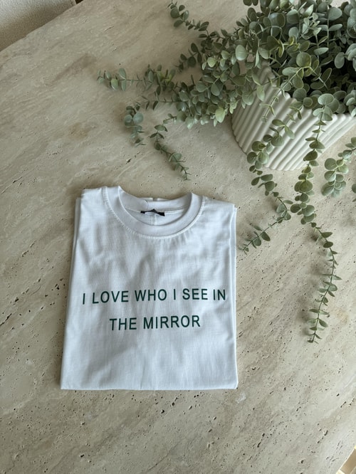I Love Yeşil Baskılı Tişört- Beyaz