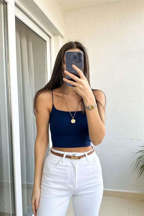 İp Askılı Crop Atlet-Lacivert