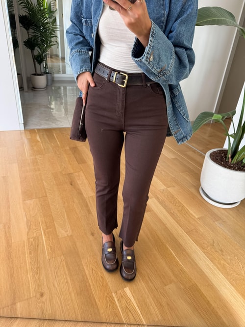 Irana Kemerli Kesik Paça Jean - Kahve