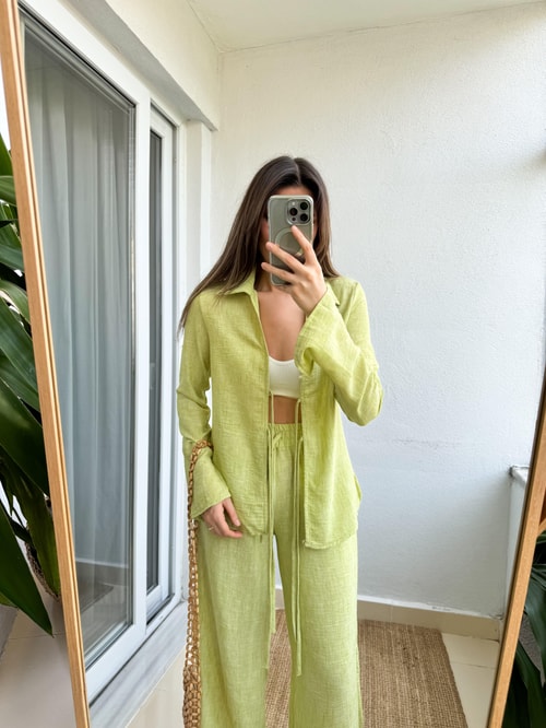 İrina Bağlama Bluzlu Pantolonlu Takım-Fıstık Yeşili