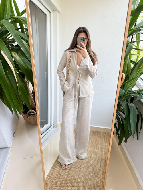 İrina Bağlama Bluzlu Pantolonlu Takım-Taş