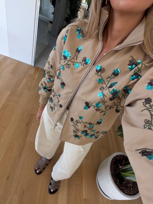 Iris Nakışlı Bomber Ceket - Bej