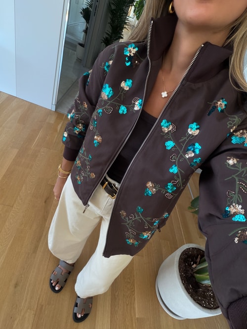 Iris Nakışlı Bomber Ceket - Kahve