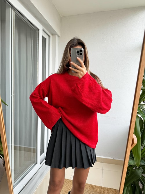 İspanyol Kol Basic Triko-Kırmızı