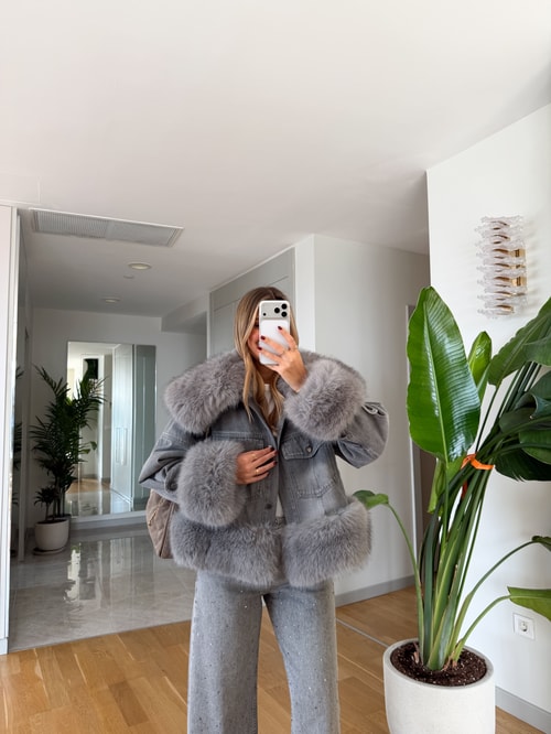 İthal Kürklü Denim Mont - Gri