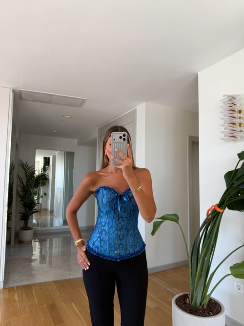 Jakarlı Straplez Korse Bluz - Saks