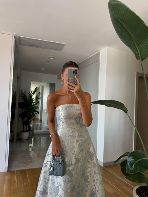 Jakarlı Straplez Midi Elbise - Mavi