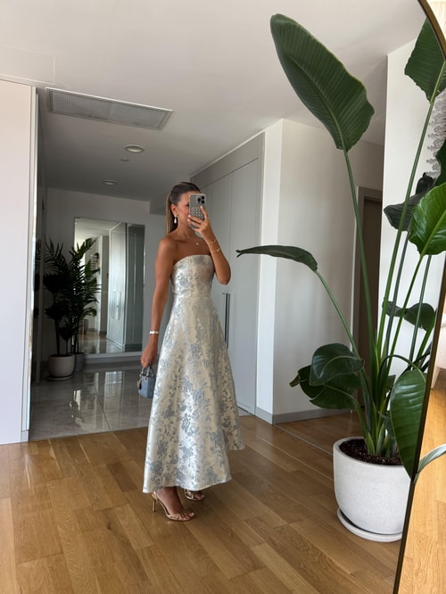 Jakarlı Straplez Midi Elbise - Mavi