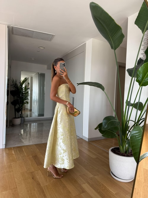 Jakarlı Straplez Midi Elbise - Sarı