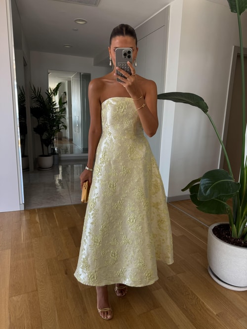 Jakarlı Straplez Midi Elbise - Sarı