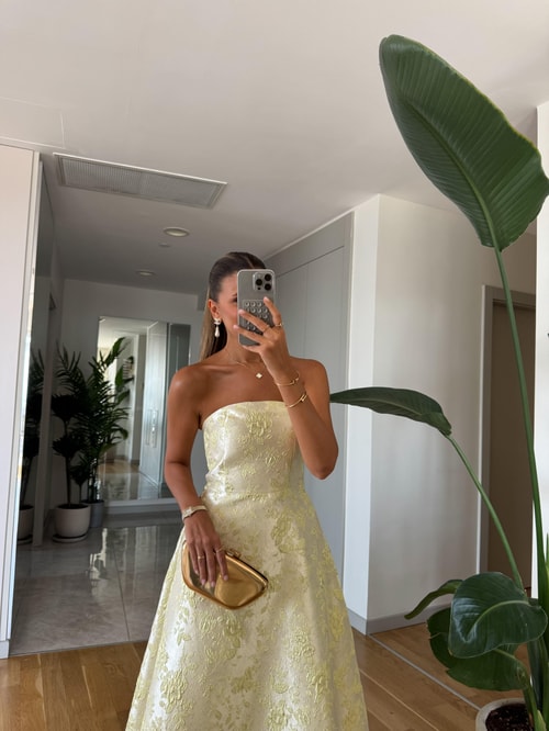 Jakarlı Straplez Midi Elbise - Sarı