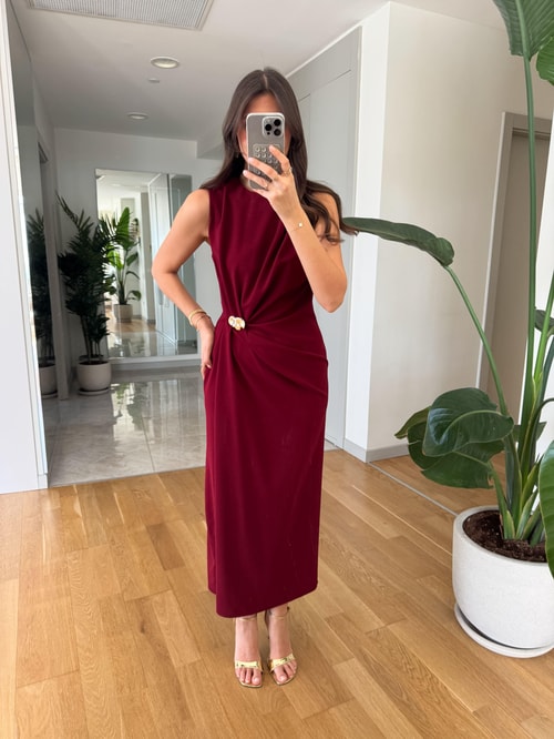 Jisoo Beli Gold Detaylı Midi Elbise- Bordo