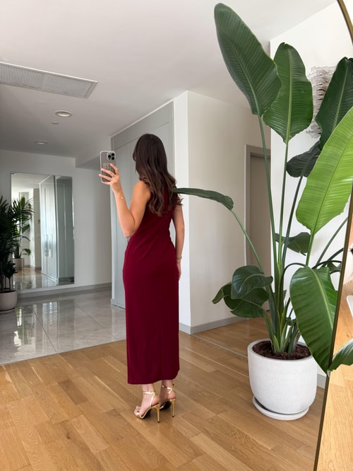 Jisoo Beli Gold Detaylı Midi Elbise- Bordo