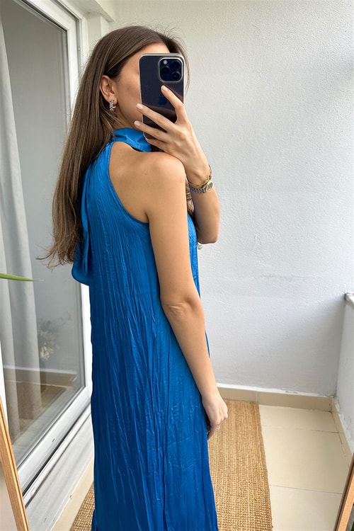 Julia Halter Yaka Midi Elbise-Mavi