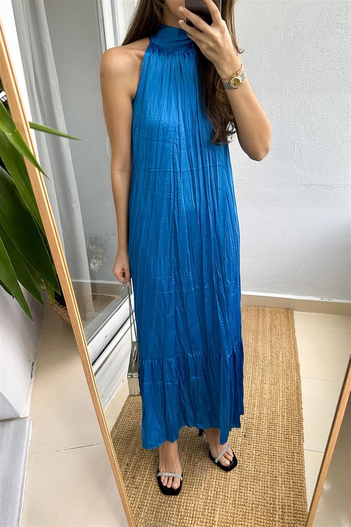 Julia Halter Yaka Midi Elbise-Mavi