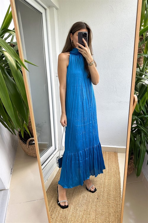 Julia Halter Yaka Midi Elbise-Mavi