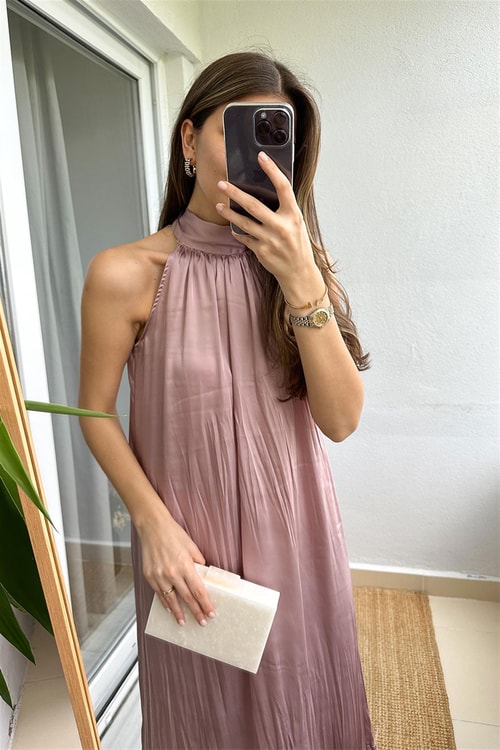 Julia Halter Yaka Midi Elbise-Pudra