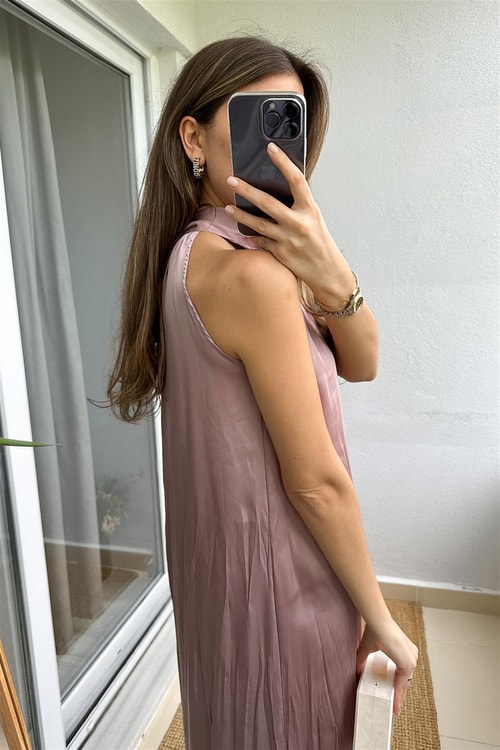 Julia Halter Yaka Midi Elbise-Pudra