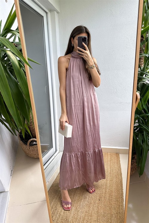 Julia Halter Yaka Midi Elbise-Pudra