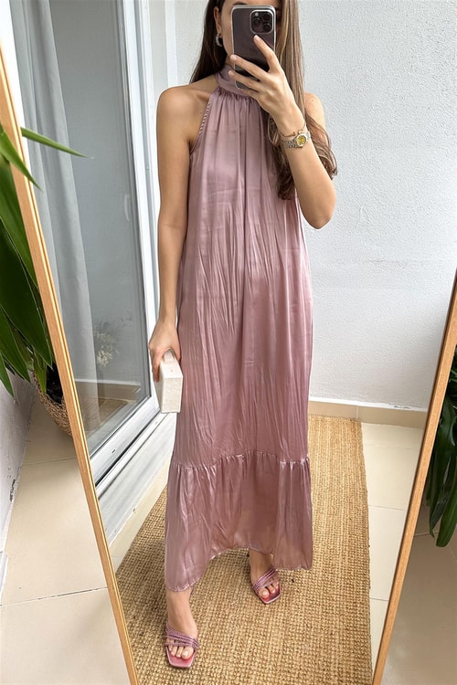 Julia Halter Yaka Midi Elbise-Pudra