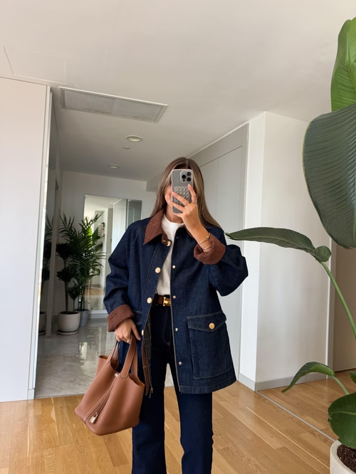 Kadife Yakalı Denim Ceket
