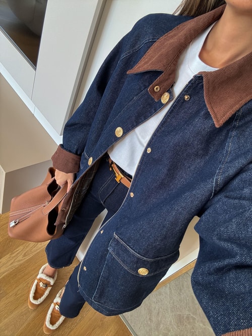 Kadife Yakalı Denim Ceket