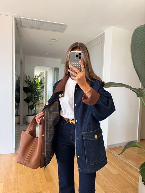 Kadife Yakalı Denim Ceket