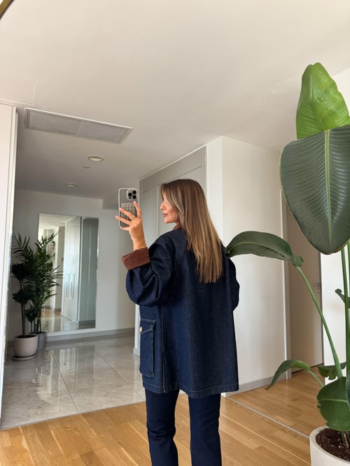 Kadife Yakalı Denim Ceket