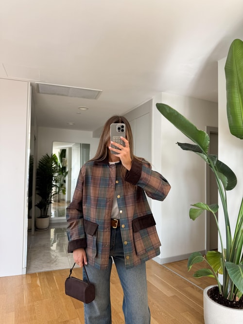 Kadife Yakalı Yeşil Ekoseli Ceket