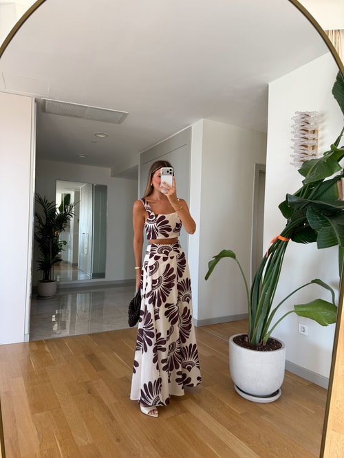 Kahve Desenli Crop Bluz Etek Takım 